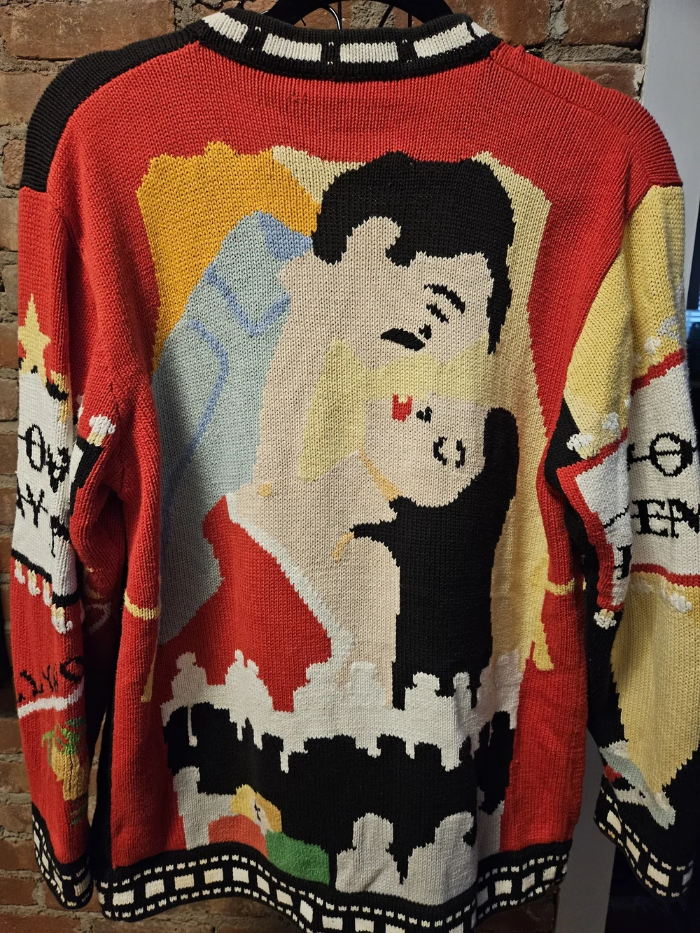 Oscar Themed Red and Black Novelty Knit Sweater Cardigan